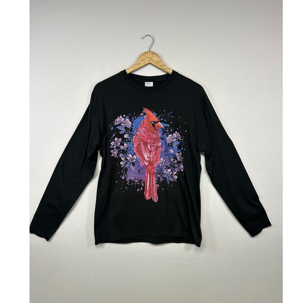 Naturecore‎ Port & Company Mens Med Black Cardinal Bird Graphic Long Sleeve Tee